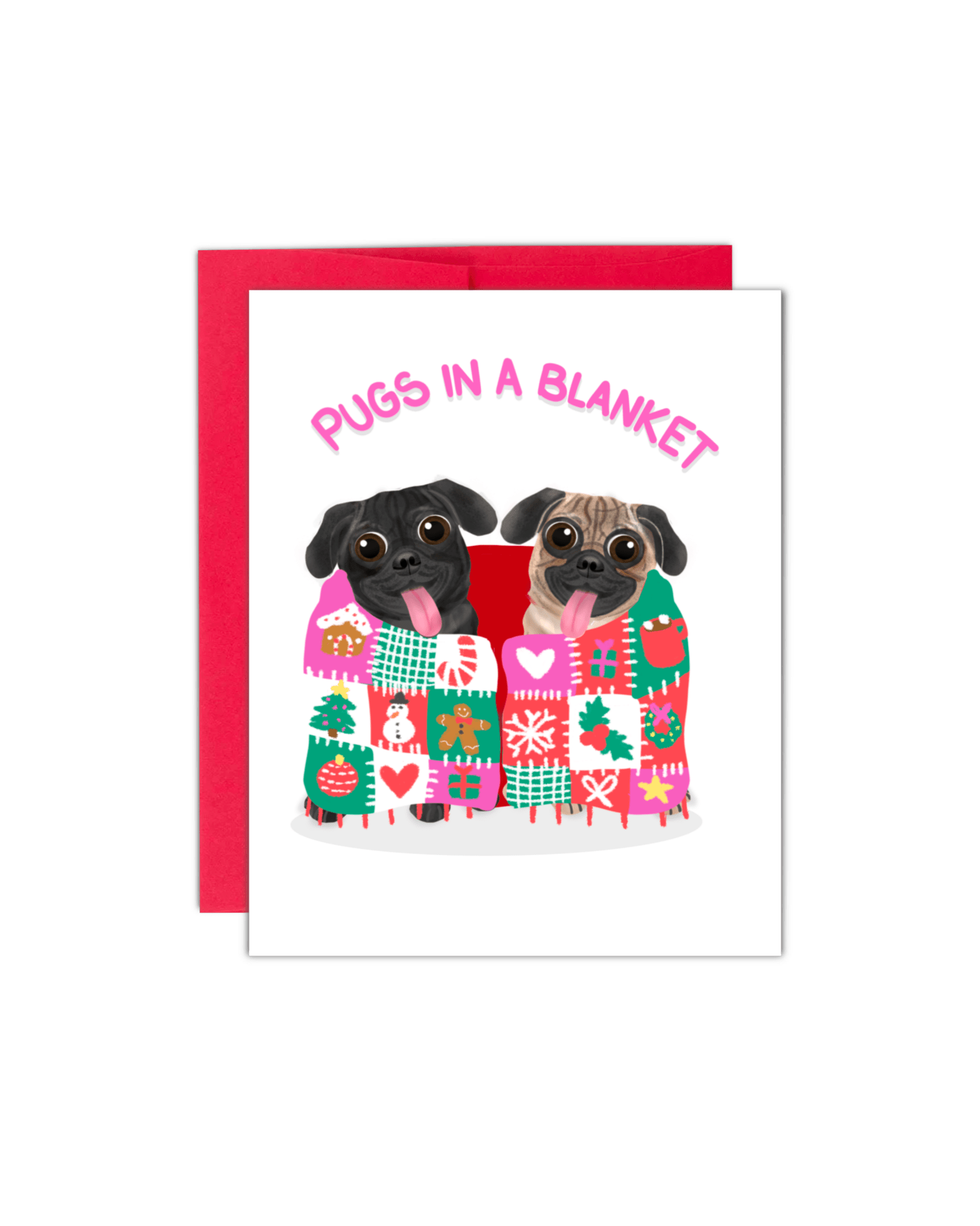 Pugs in A Blanket Christmas Card - Giordanelli Art